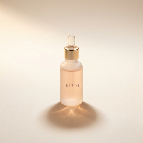 Blush Serum Skin Tint, frosted glass dropper bottle with gold collar
