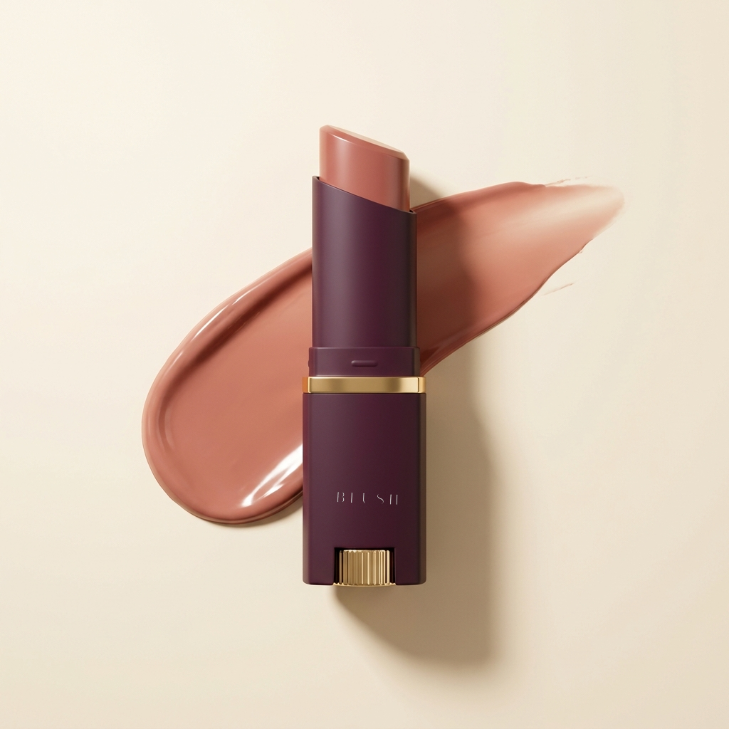 Blush serum tint balm stick, plum body with gold band, beside a swatch of the tint
