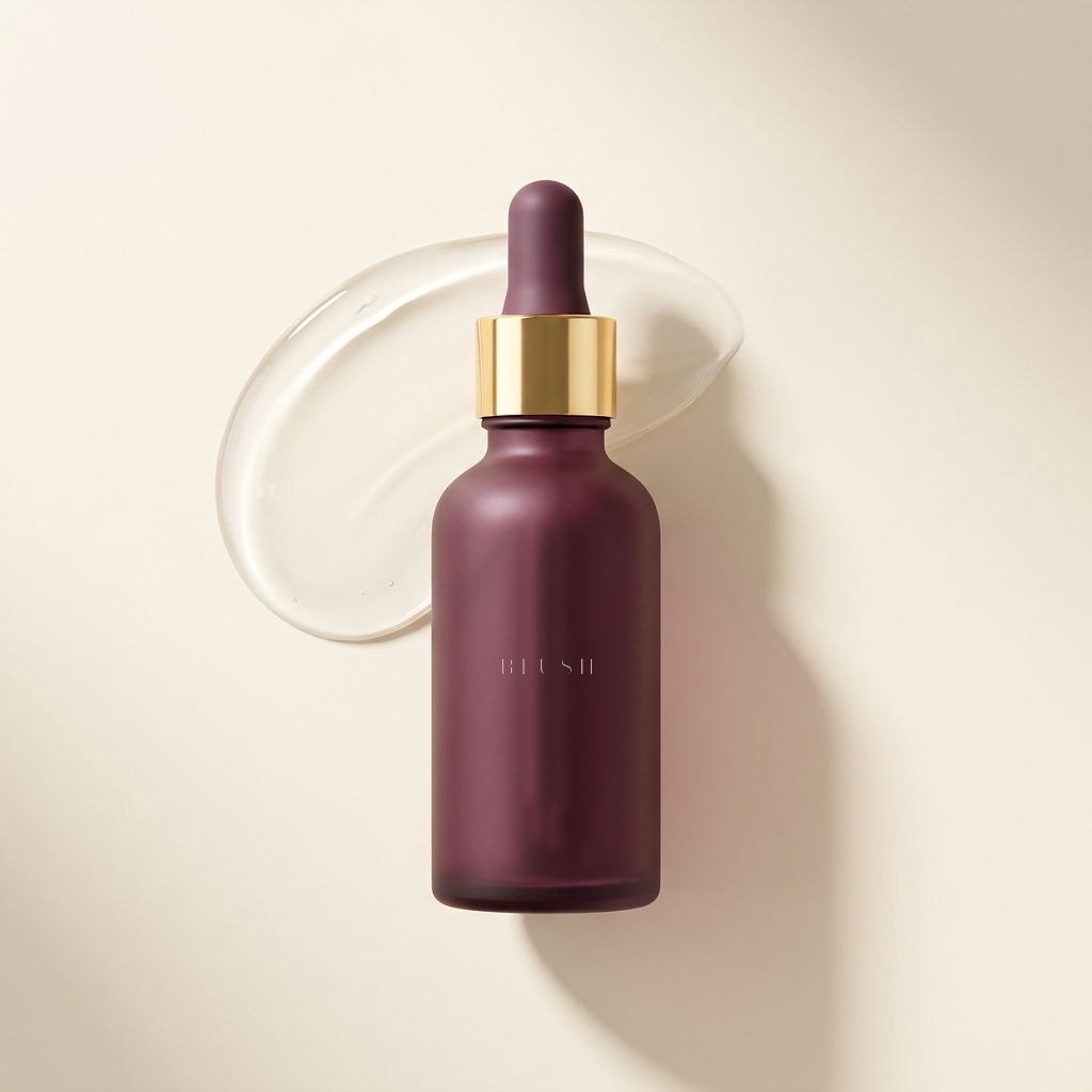 Blush Nightly Serum, frosted plum glass bottle with a gold collar, beside a pool of clear serum