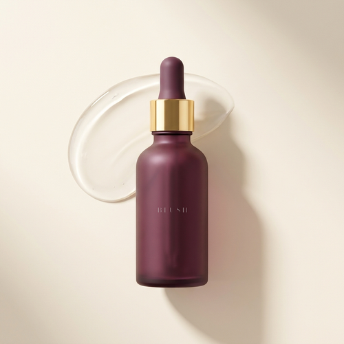 Blush Nightly Serum, frosted plum glass bottle with a gold collar, beside a pool of clear serum