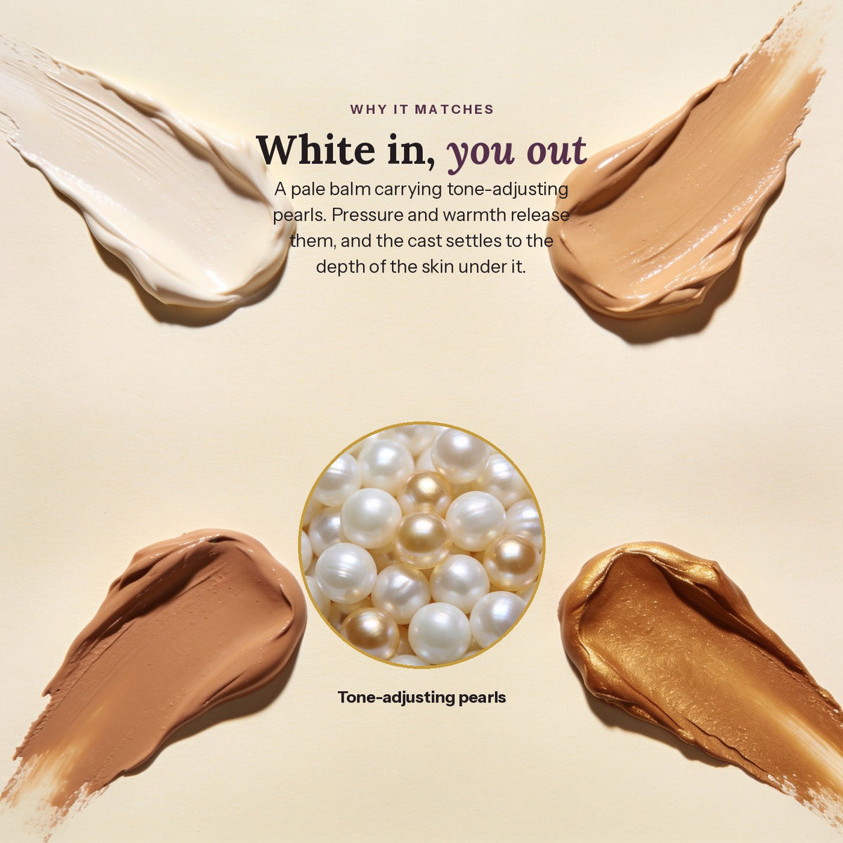 Four foundation swatches from fair to deep around a macro of the tone-adjusting pearls in the balm